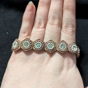 Gold Tone Pink White With Clear Rhinestone Stretchy Elastic Statement Bracelet